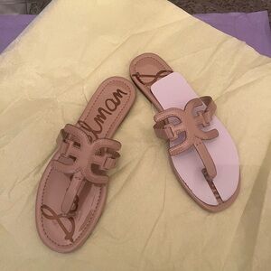 Tan T-Strap Sandals with Decorative Cutouts